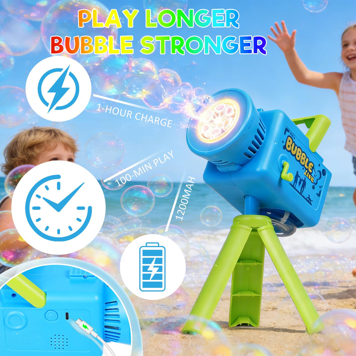 PANIED Rechargeable Battery powers 45–60 minutes of bubble play