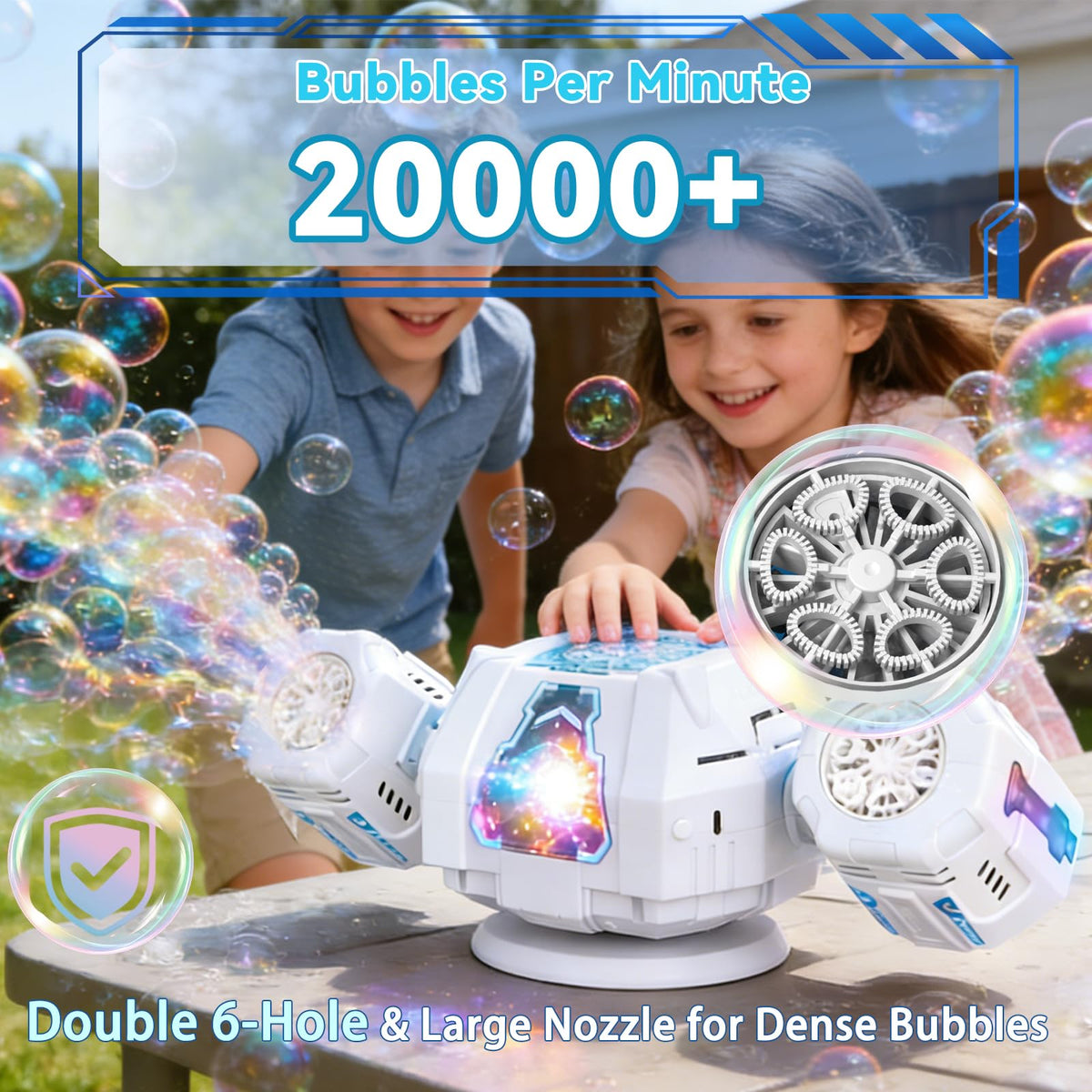 PANIED bubble machine RGB lights create a vivid glow over bubbles.