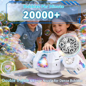 PANIED bubble machine RGB lights create a vivid glow over bubbles.