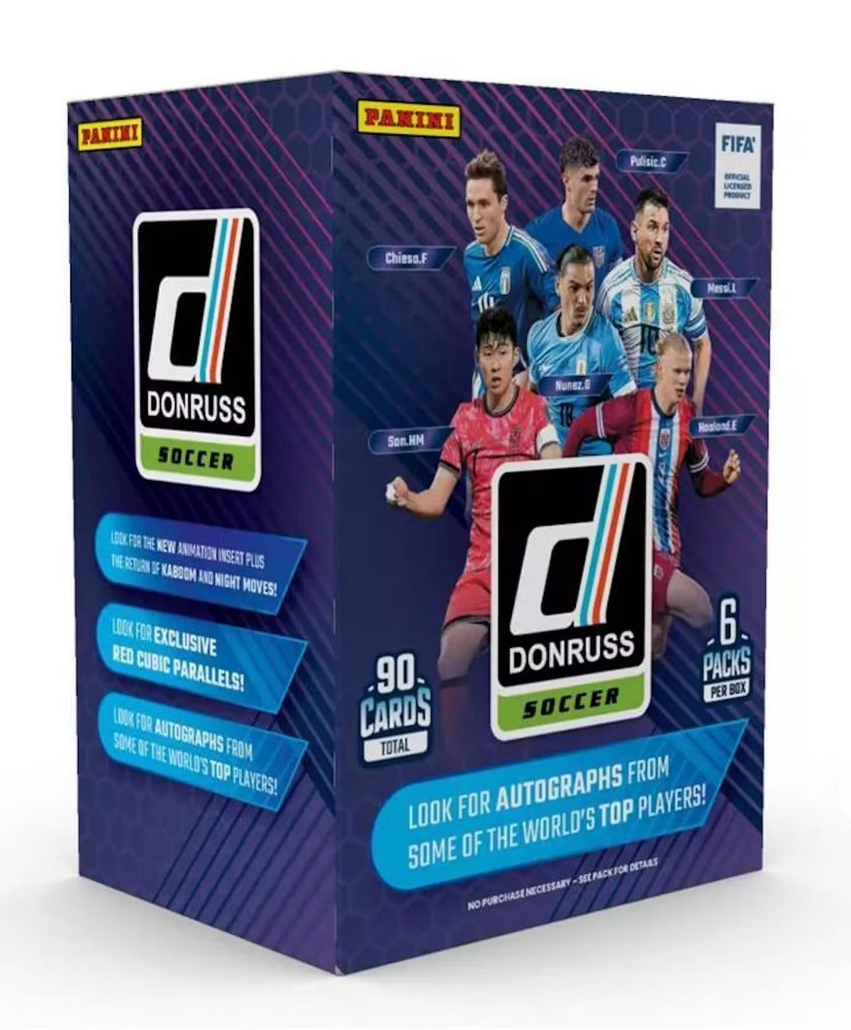 Panini Donruss Soccer 2024/25 box front showing six packs for quick collection.
