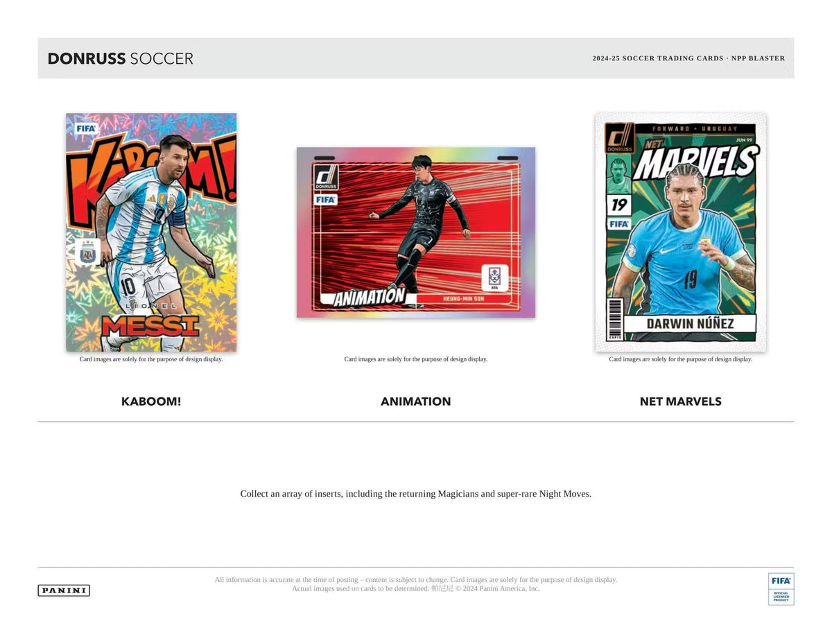 Panini Donruss Soccer 2024/25 inserts including Kaboom and Animation.