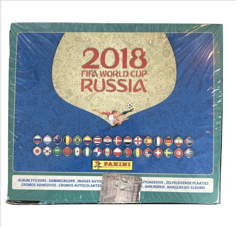 Panini Russia 2018 World Cup sticker box front view, ideal for collection and display