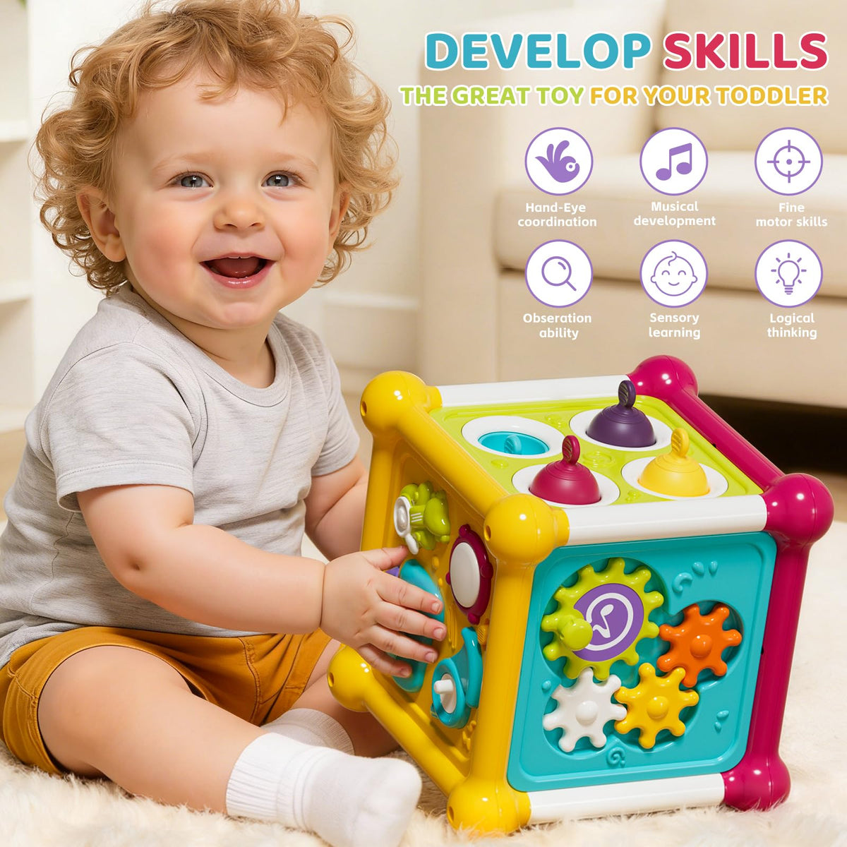 Panitu 12-in-1 cube showcases spinning gears for hand-eye coordination and problem solving.