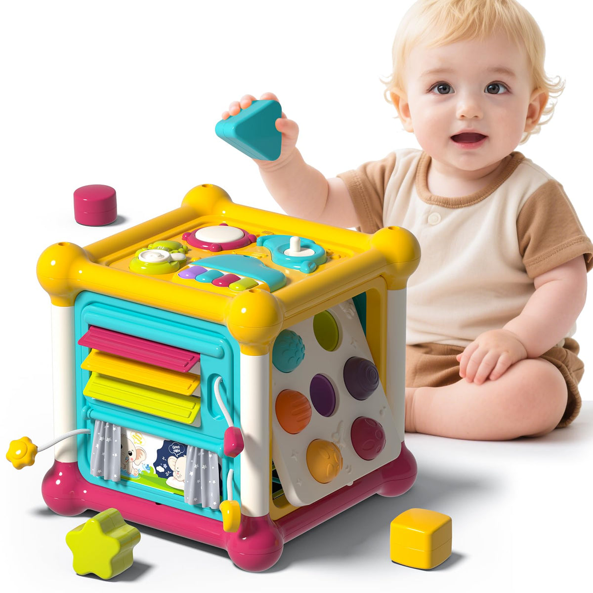 Panitu Baby Activity Cube side play promotes exploration and fine motor skills in toddlers.