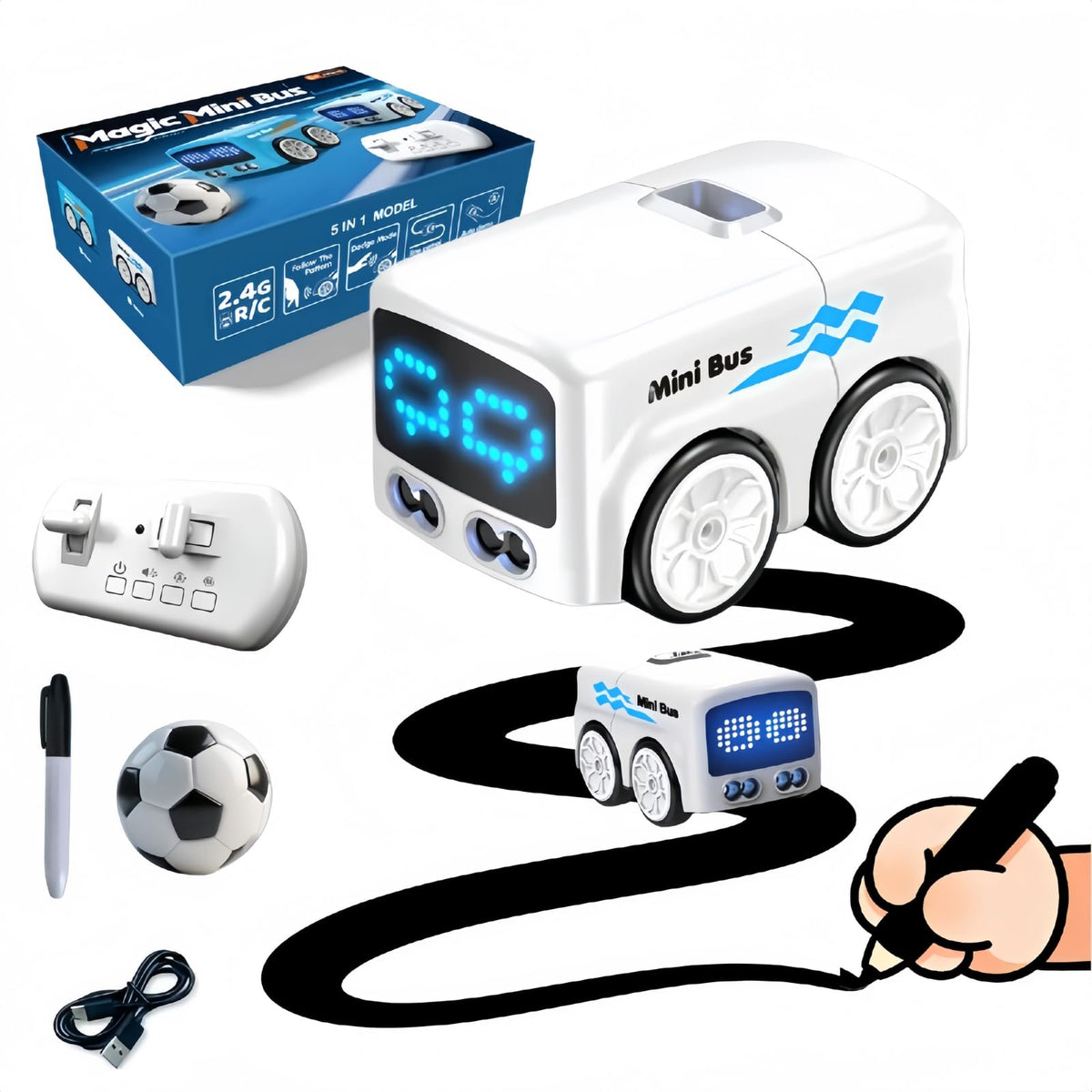 PanniOhye Magic Mini Bus Toy front LED display for expressive play.