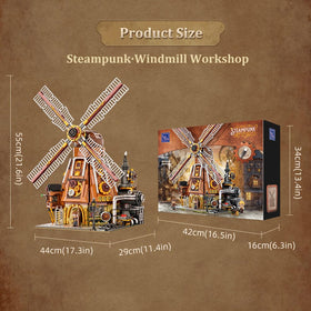 Pantasy brick-texture windmill exterior adds dramatic height to shelves