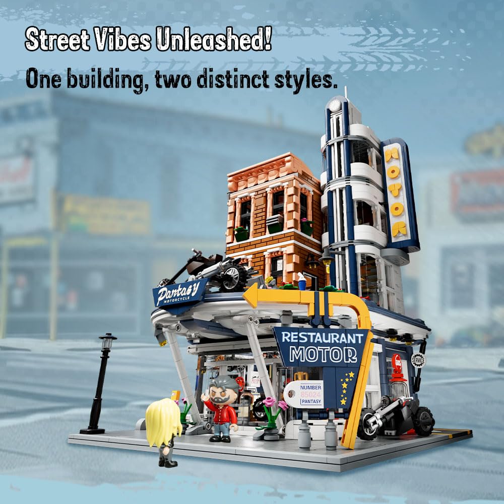 Pantasy diner-bar interior setup for dynamic scenes with minifigures