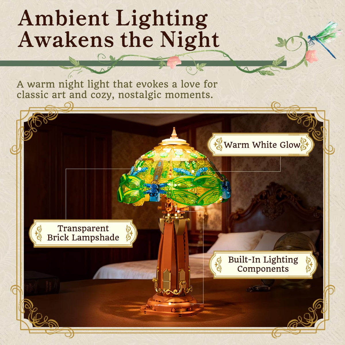 Pantasy Dragonfly Floral Stained Glass Shade diffuses light for cozy evenings.