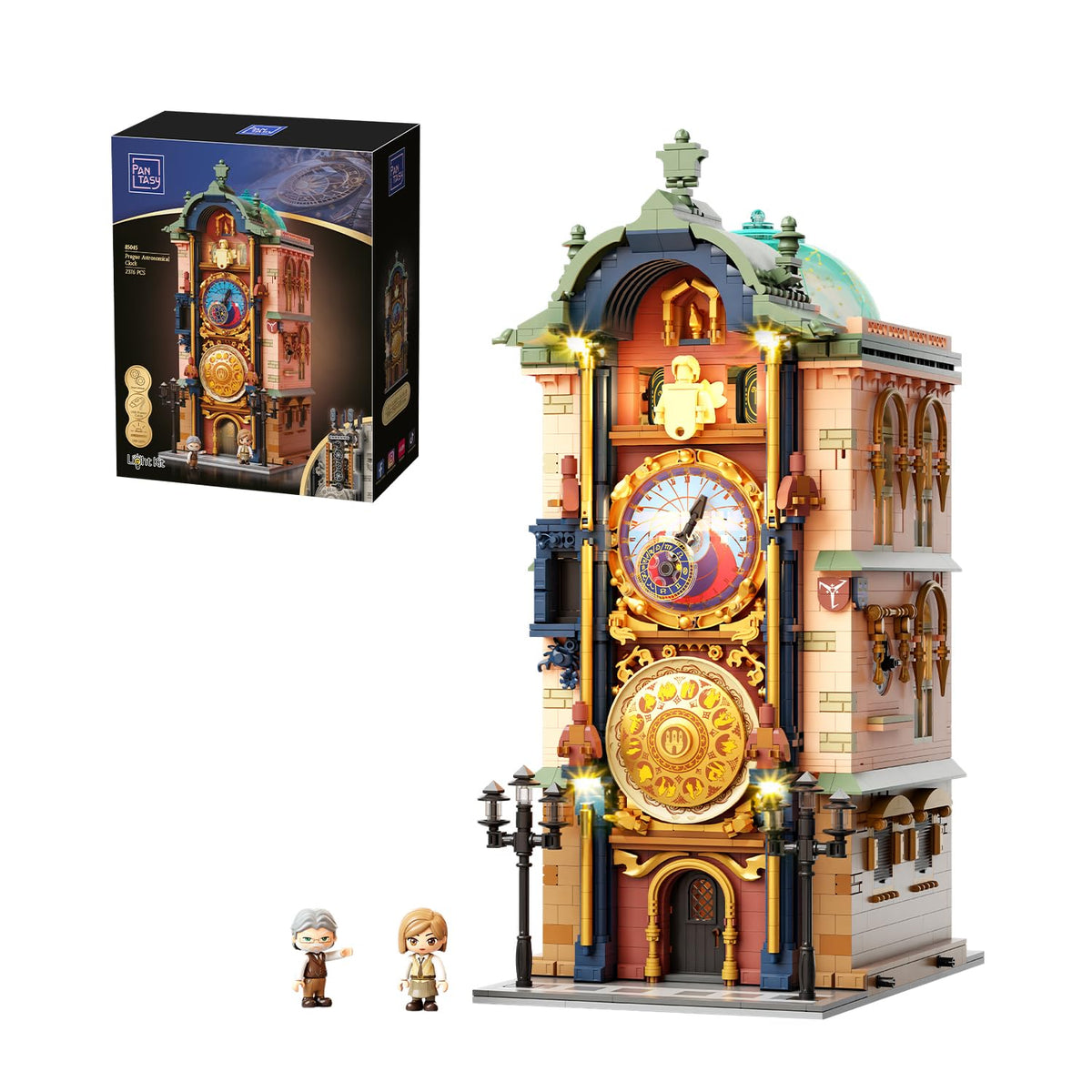 PANTASY Prague Astronomical Clock building set presents Gothic facade for elegant desktop display.