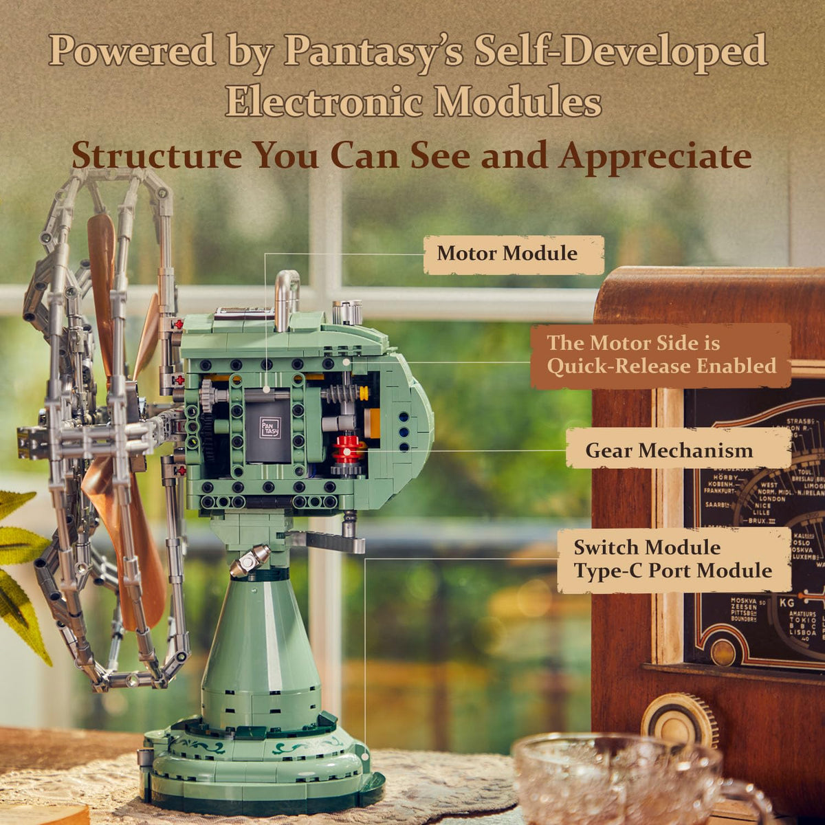 Pantasy retro building set top view reveals compact motor housing for tactile assembly