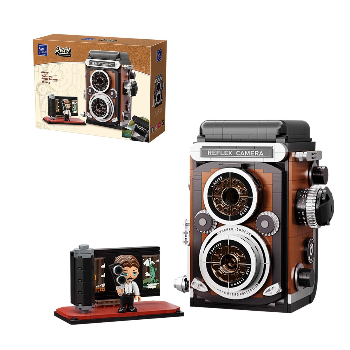Pantasy Retro Camera Building Set overview with dual lenses and waist-level finder for display.