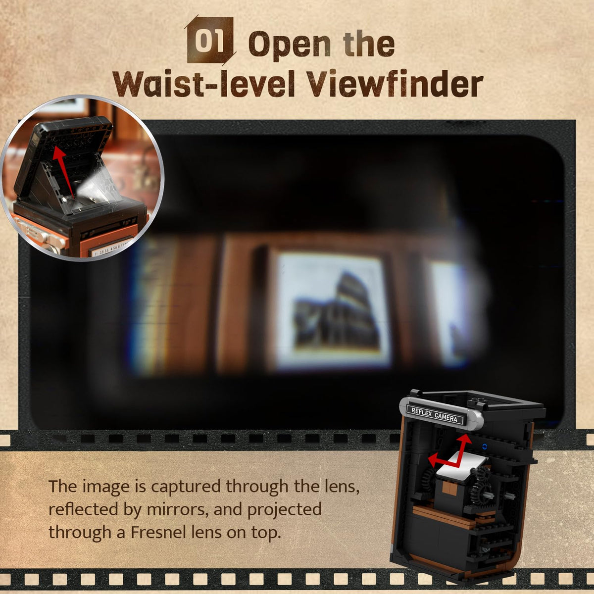 Pantasy viewfinder hood opened to reveal Fresnel lens and top-down shooting feel.