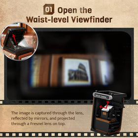 Pantasy viewfinder hood opened to reveal Fresnel lens and top-down shooting feel.