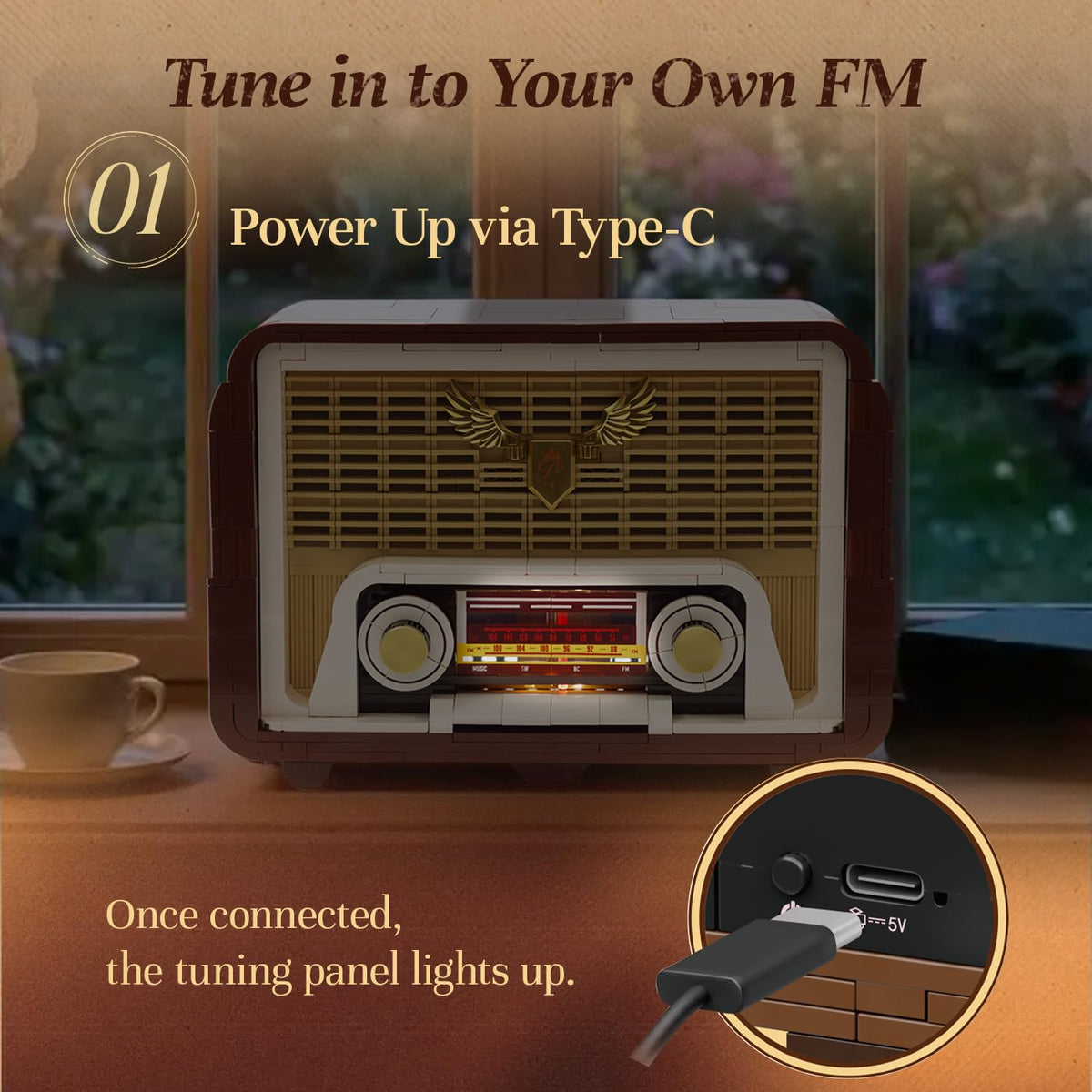 Pantasy retro radio building set light module demonstrates warm ambient lighting