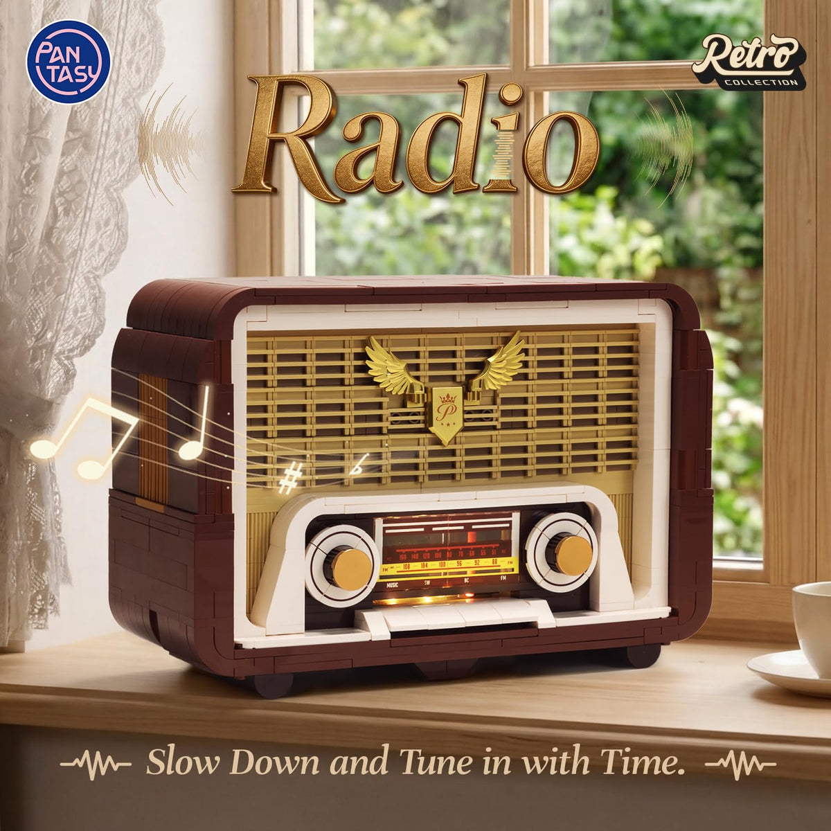 Pantasy retro radio building set side detail shows precise dials and authentic texture