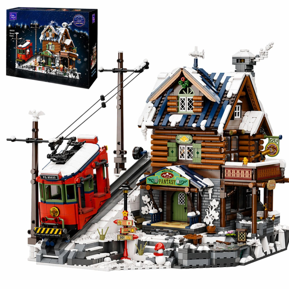 PANTASY Winter Summit Lodge front view shows a dramatic alpine display for holiday settings.