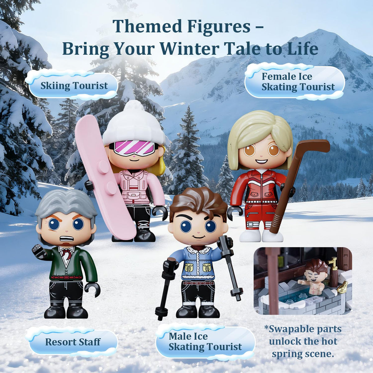 PANTASY Winter Summit Lodge minifigures set includes skier, skater, staff, and guest for storytelling.