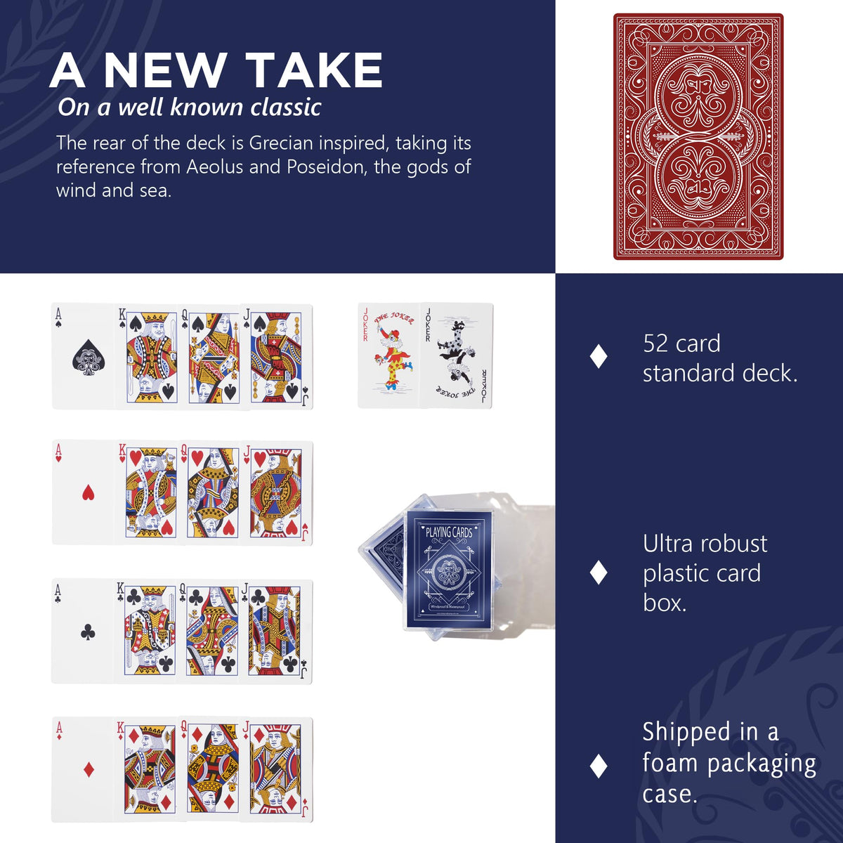 Pantheon Playing Cards in robust plastic case keeps cards organized and travel-ready.