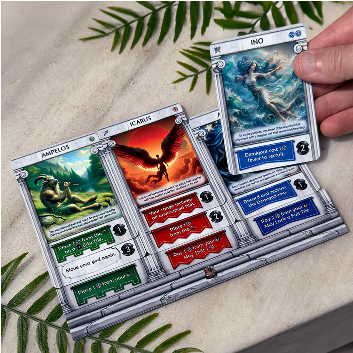 Pantheum artwork on cards and tokens enhancing immersion and storytelling