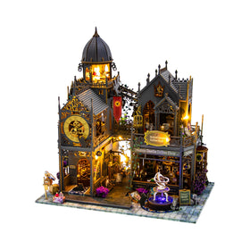PANZIYU Huoluo Castle dollhouse kit with pre-cut wood for immersive building.