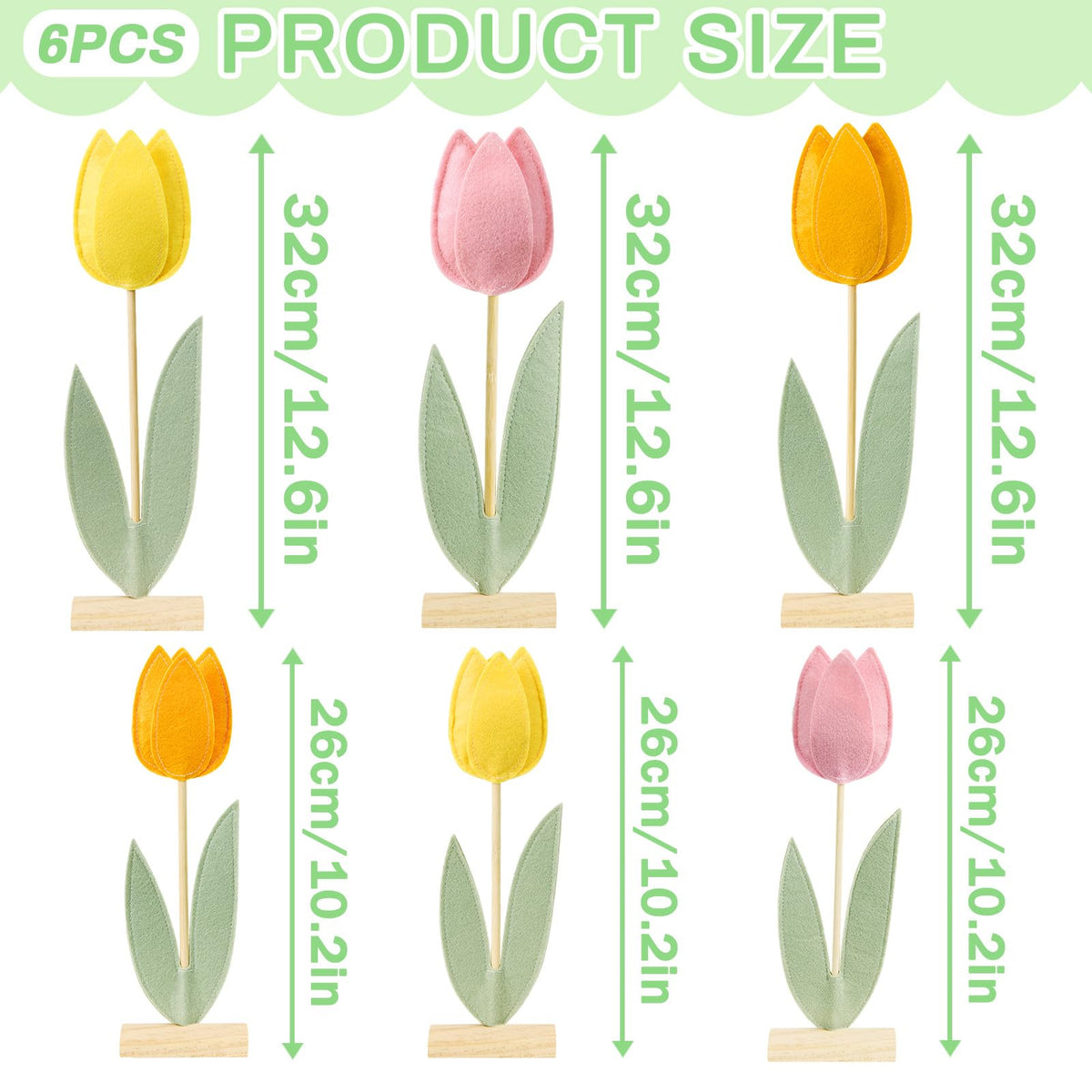 Paper Jazz tulip centerpieces in two heights showcase pink, yellow, and orange blooms