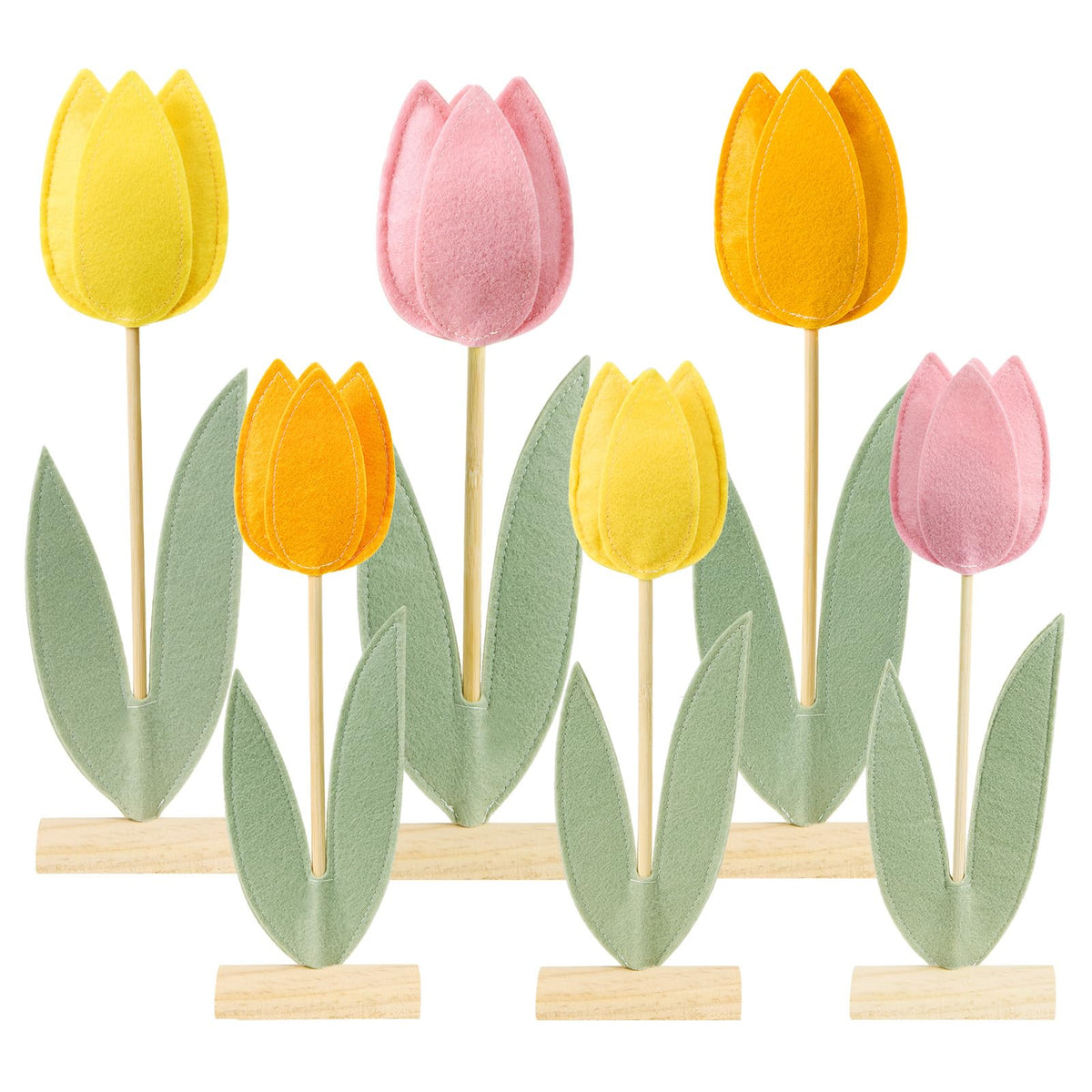 Paper Jazz tulip centerpiece with 3D felt blooms on a light wood base for table decor