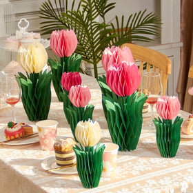 PAPER JAZZ tulip centerpiece pink and white adds fresh spring charm to tables.