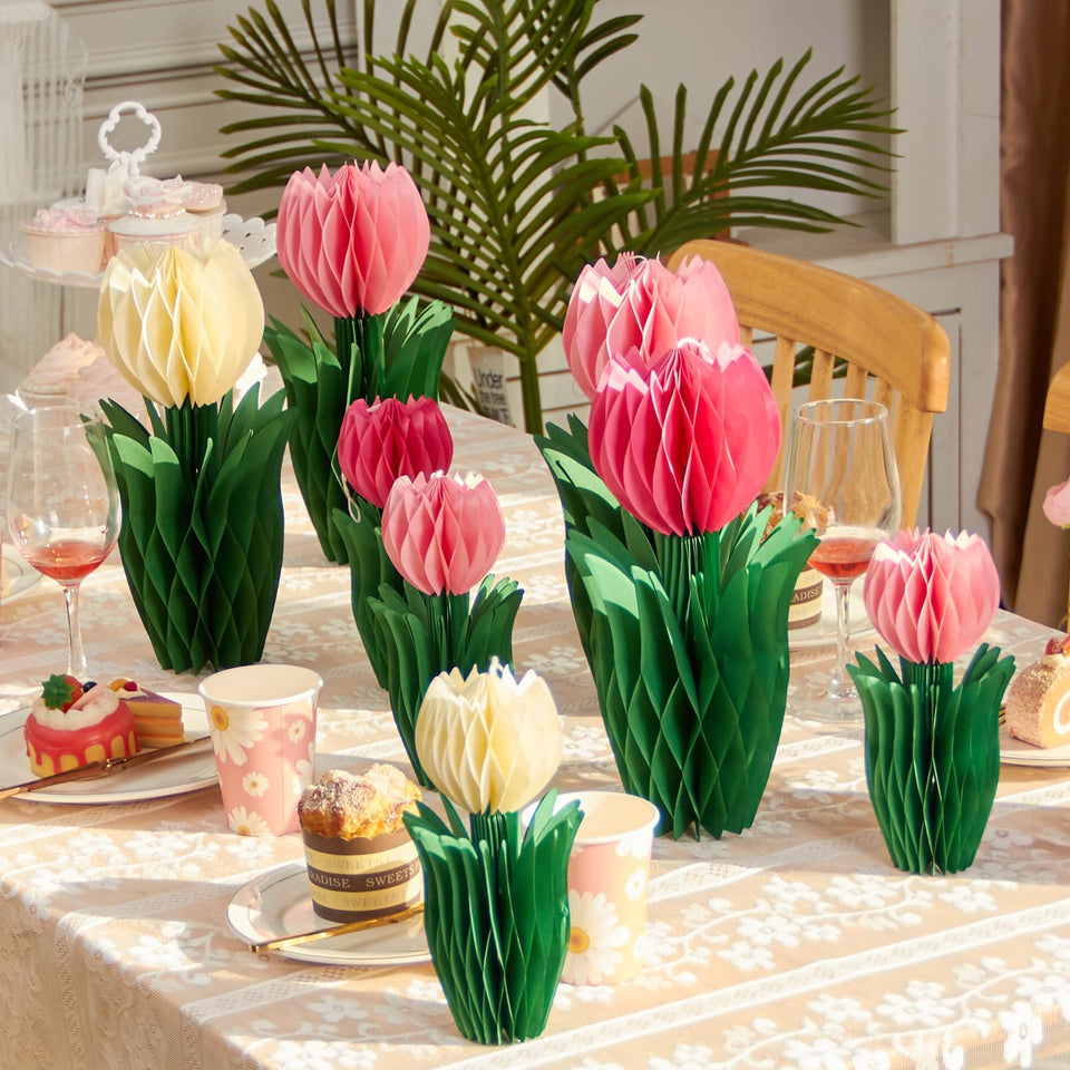 PAPER JAZZ tulip centerpiece pink and white adds fresh spring charm to tables.
