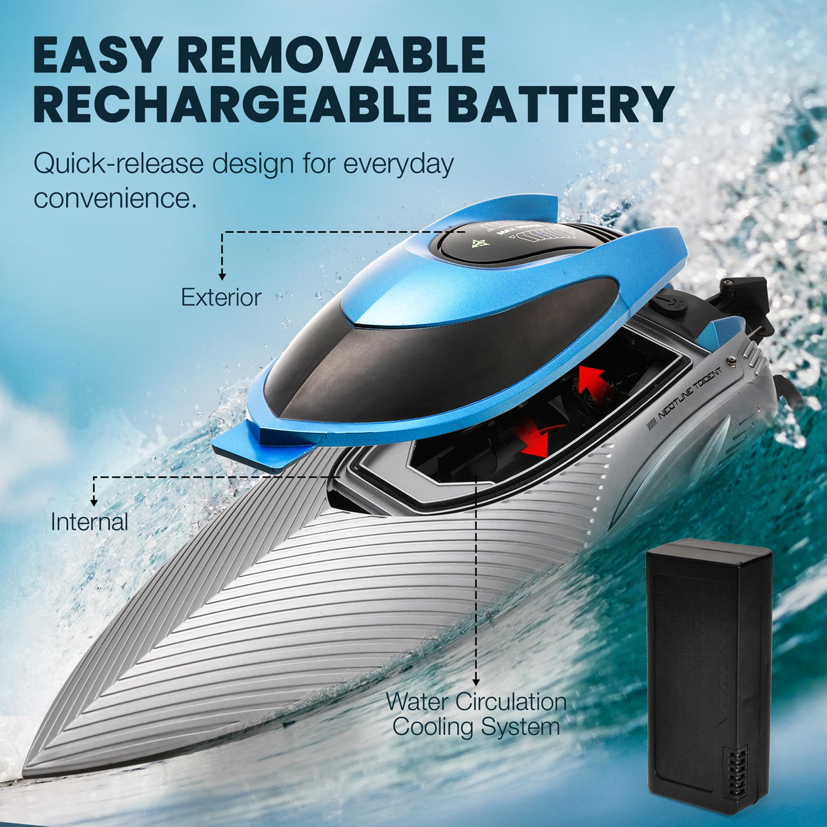 Parabound RC Boat LED lights on for night-time water fun.