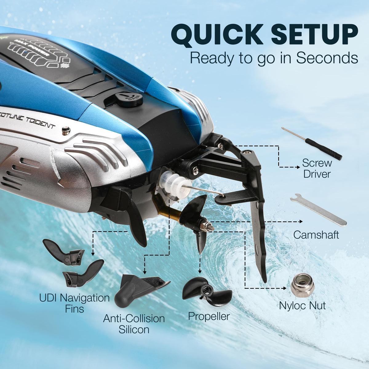 Parabound RC Boat metallic blue front view highlighting self-righting design.