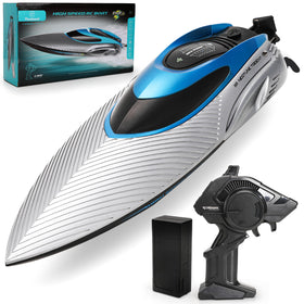 Parabound RC Boat metallic blue side view for high-speed lake fun.
