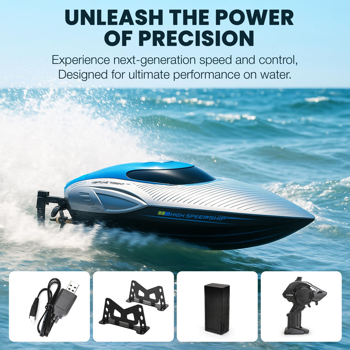 Parabound RC Boat water landing during a race on a lake or pond.