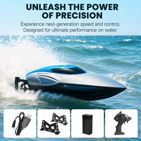 Parabound RC Boat water landing during a race on a lake or pond.