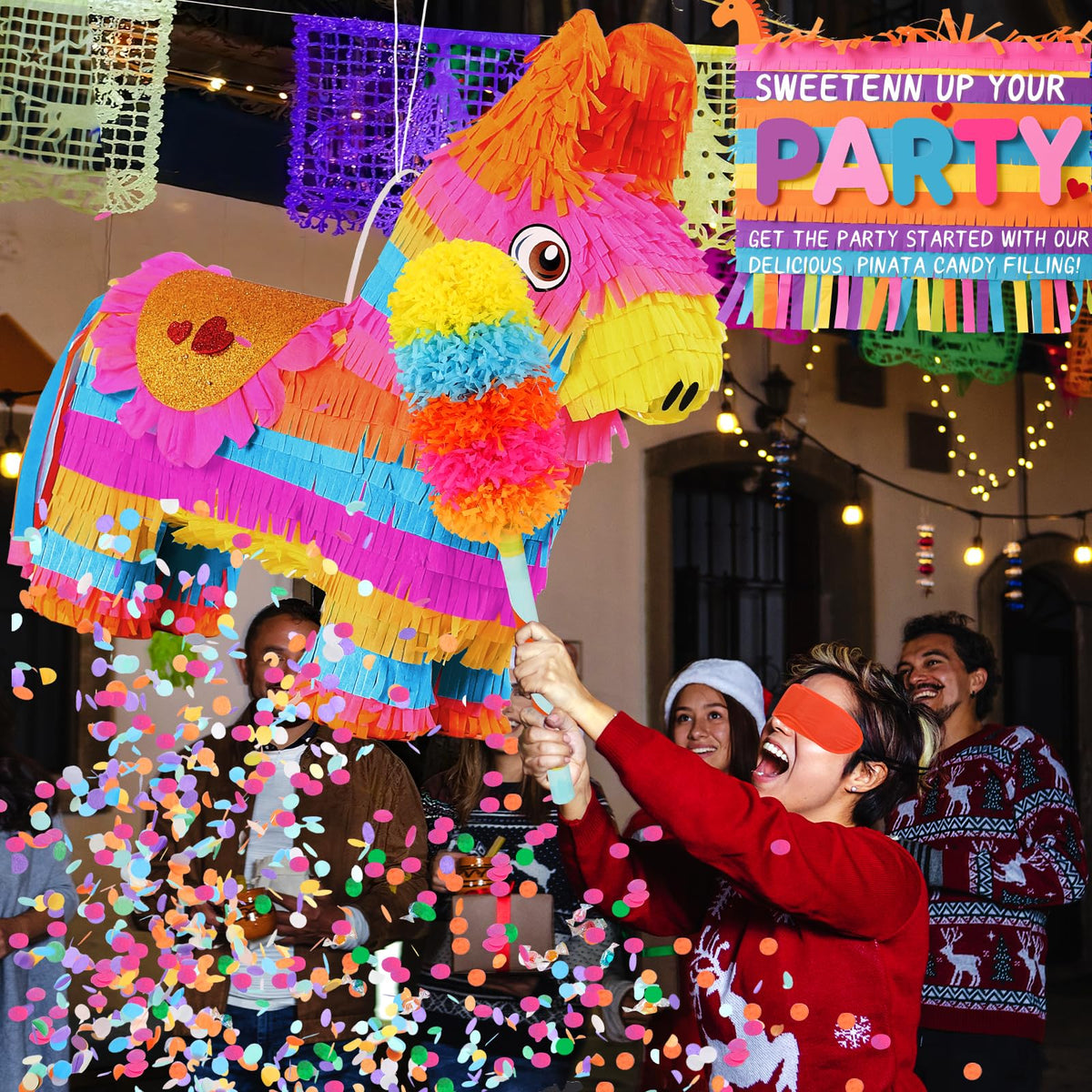 Pardecor donkey piñata includes blindfold and confetti dots for classic fun.