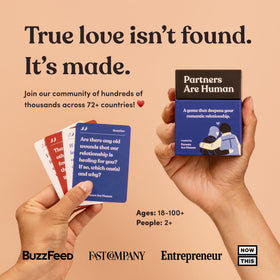 Close-up of Partners Are Human question cards sparking meaningful dialogue.