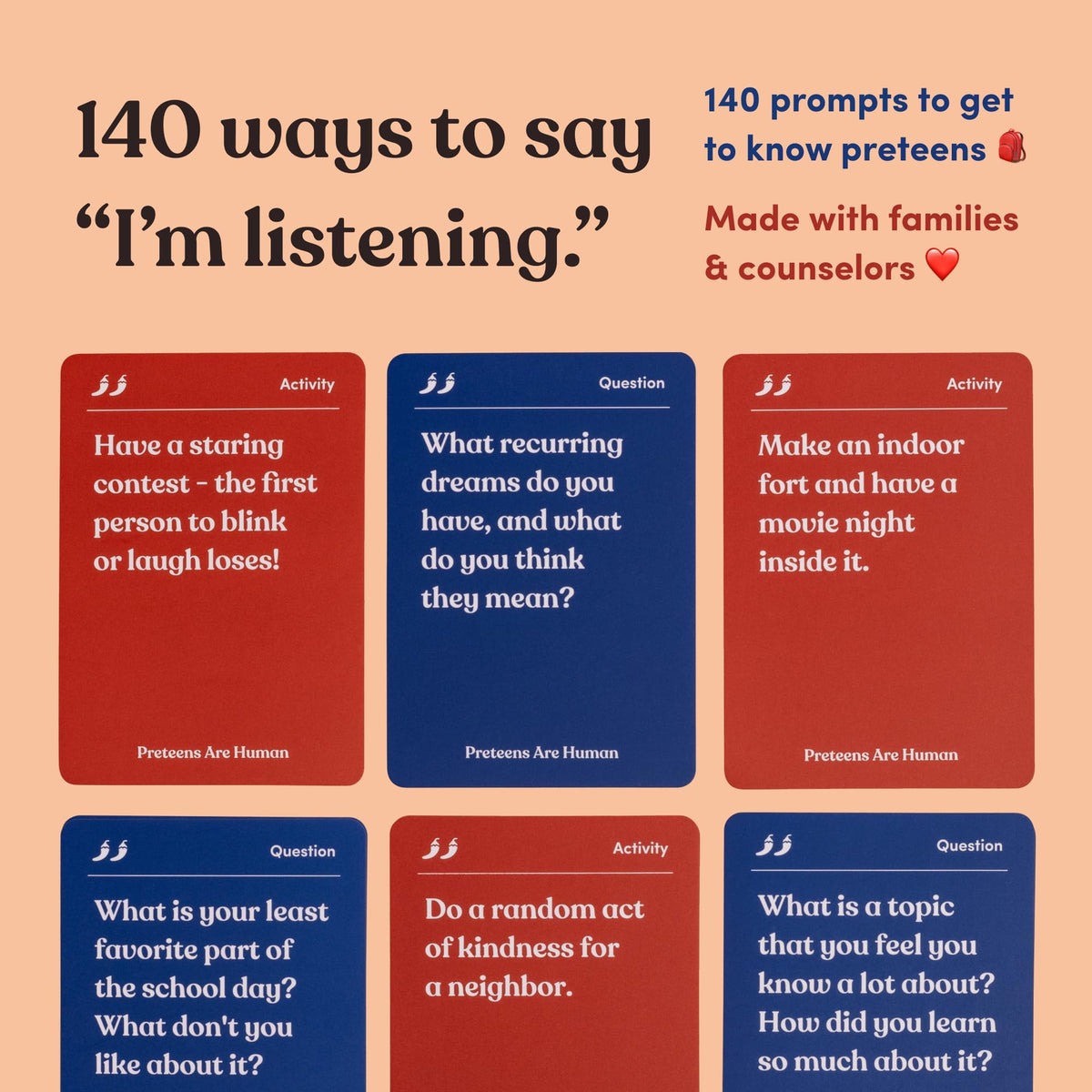 Parents Are Human Preteens 100-question cards layout to spark meaningful discussions.
