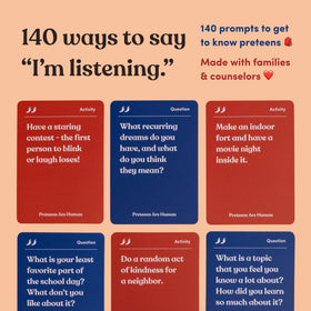 Parents Are Human Preteens 100-question cards layout to spark meaningful discussions.