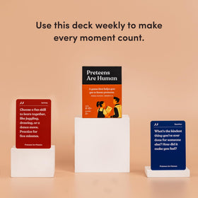 Parents Are Human Preteens card layout close-up showing diverse prompts.