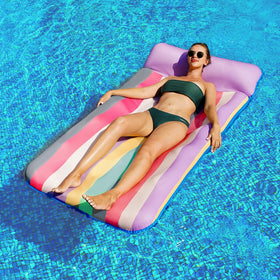 Parentswell fabric-covered pool lounger with soft fabric for comfort.