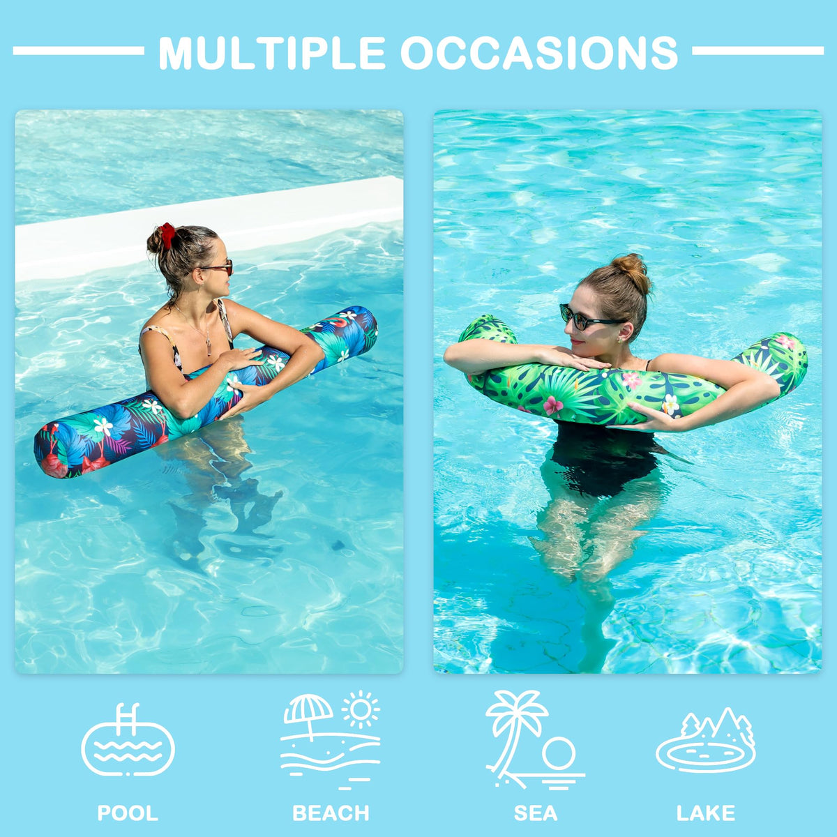 PARENTSWELL inflatable noodles set Green leaf curved: vibrant pattern for relaxed beach lounging
