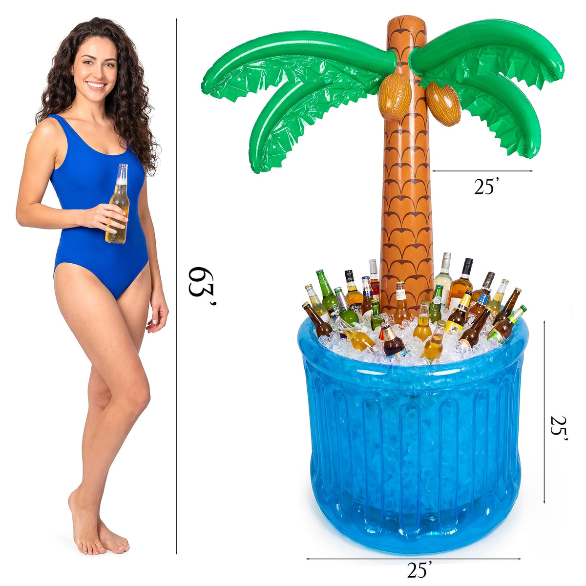 PARENTSWELL inflatable palm tree decor adds tropical ambiance while cooling drinks.