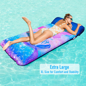 PARENTSWELL Mermaid headrest design provides support for relaxed poolside lounging.