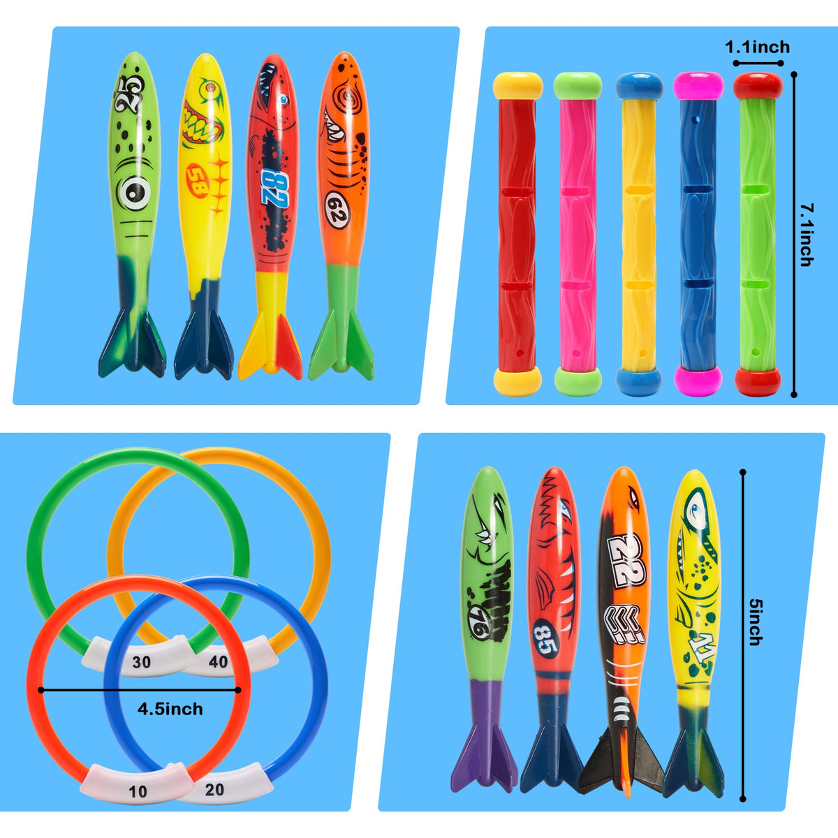 PARENTSWELL pool diving torpedoes set shown in bright colors for quick spotting
