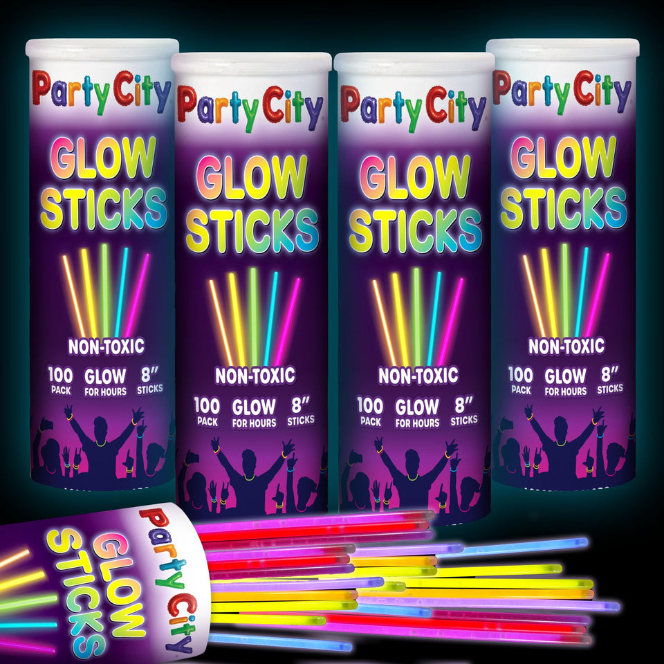 Party City 400 glow sticks 8-inch pack glow in the dark for parties and celebrations.