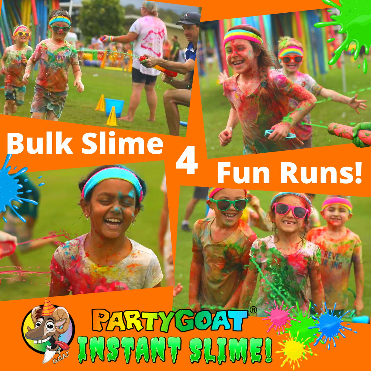 PARTY GOAT slime color variants in pink, blue, and green.