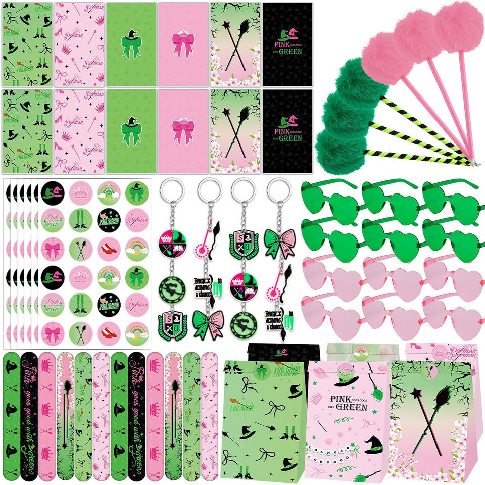 Party Greeting 84pc pink-green witch favors laid out for festive table decor