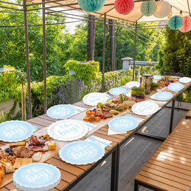 Party Greeting blue-themed gender reveal backdrop complements the dinnerware
