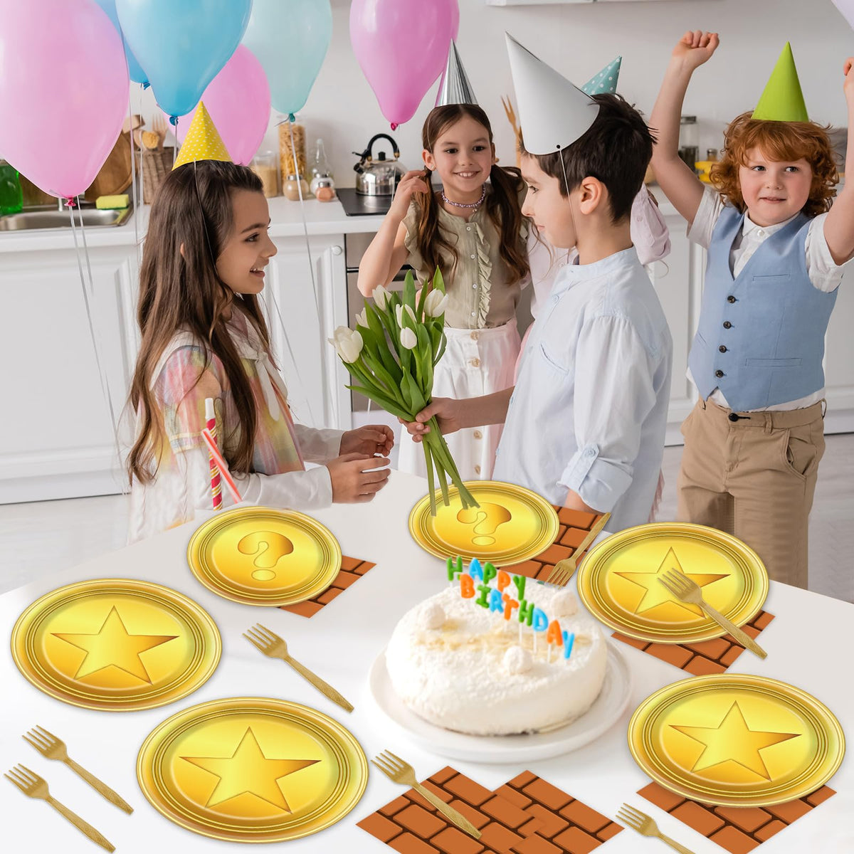 Party Greeting Cartoon game setup on table for a lively birthday vibe