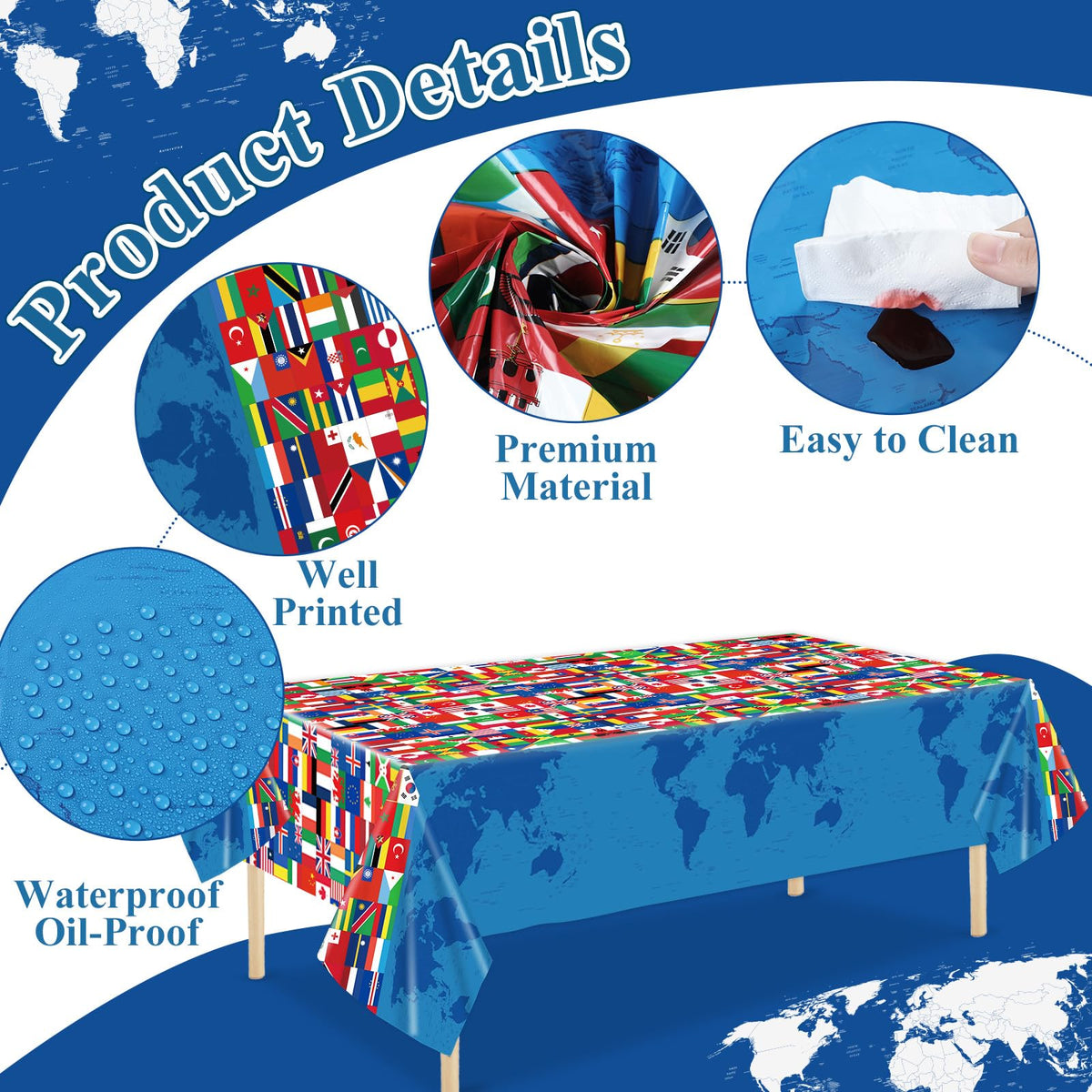 Party Greeting colorful world flag design tablecloth adds international ambiance.