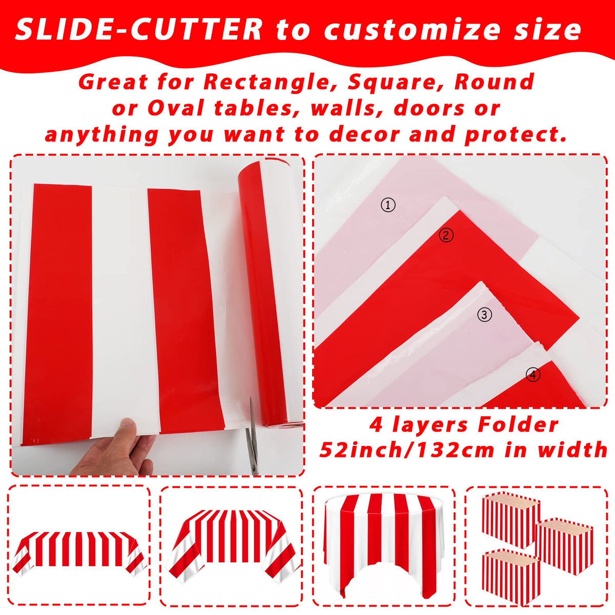Cut-to-size table cover adapting to rectangle, square, round, or oval tables
